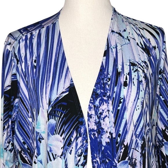 Chicos Easy Wear Open Front Cardigan Size L Packable Blue Black Tropical Print - Picture 4 of 10